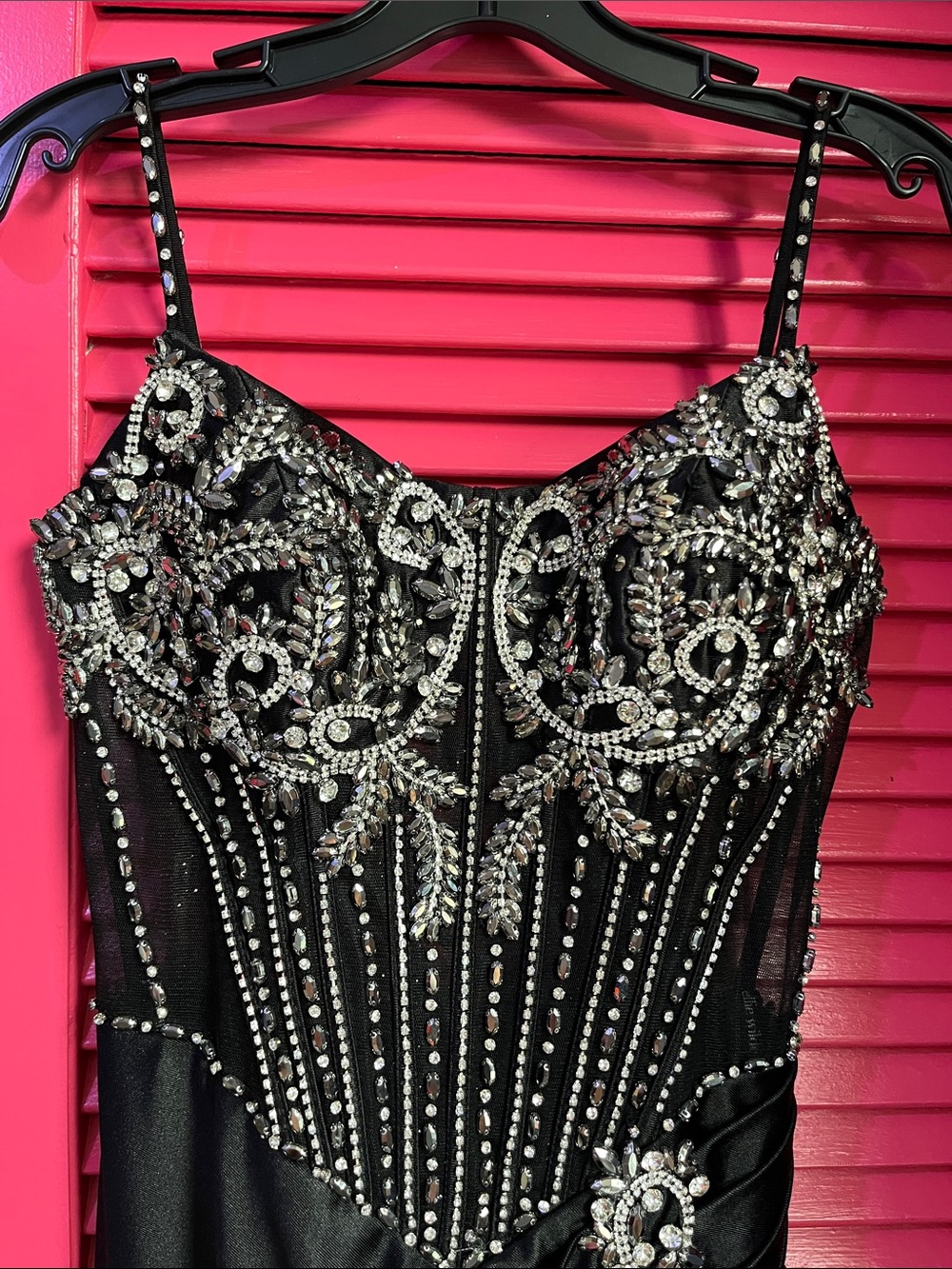 Black Beaded Evening Gown with Silver Embellishment - Picture 4 of 17
